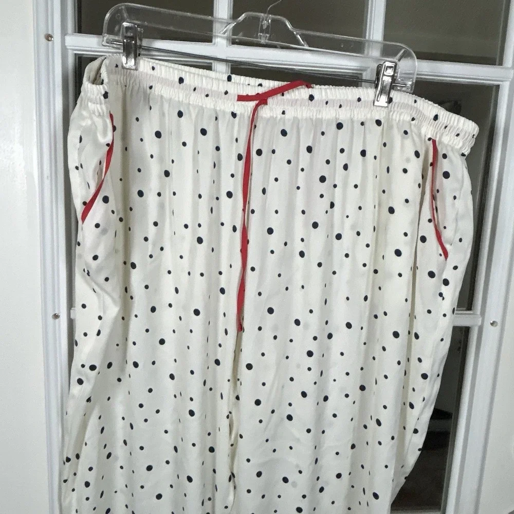 Summersalt‎ Polka Dot Satin Pajama Set White Navy Pink Piping 2XL Loungewear